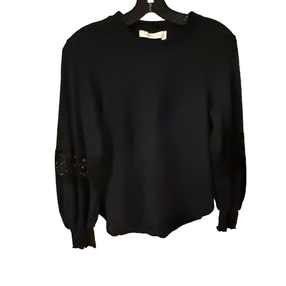 See by Chloe Black Long Sleeve Top Puff Sleeve W/lace Crew Neck Scoop Hem Sz XS